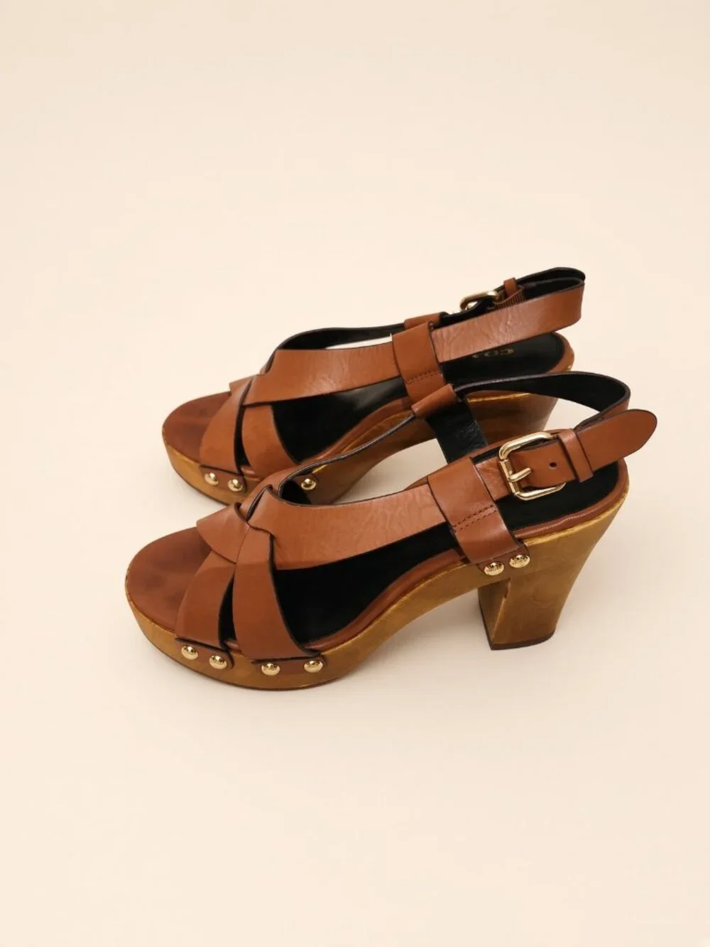 Coach Adessa Cognac Leather Wood Platform Sandals Size 8 Gold Studs